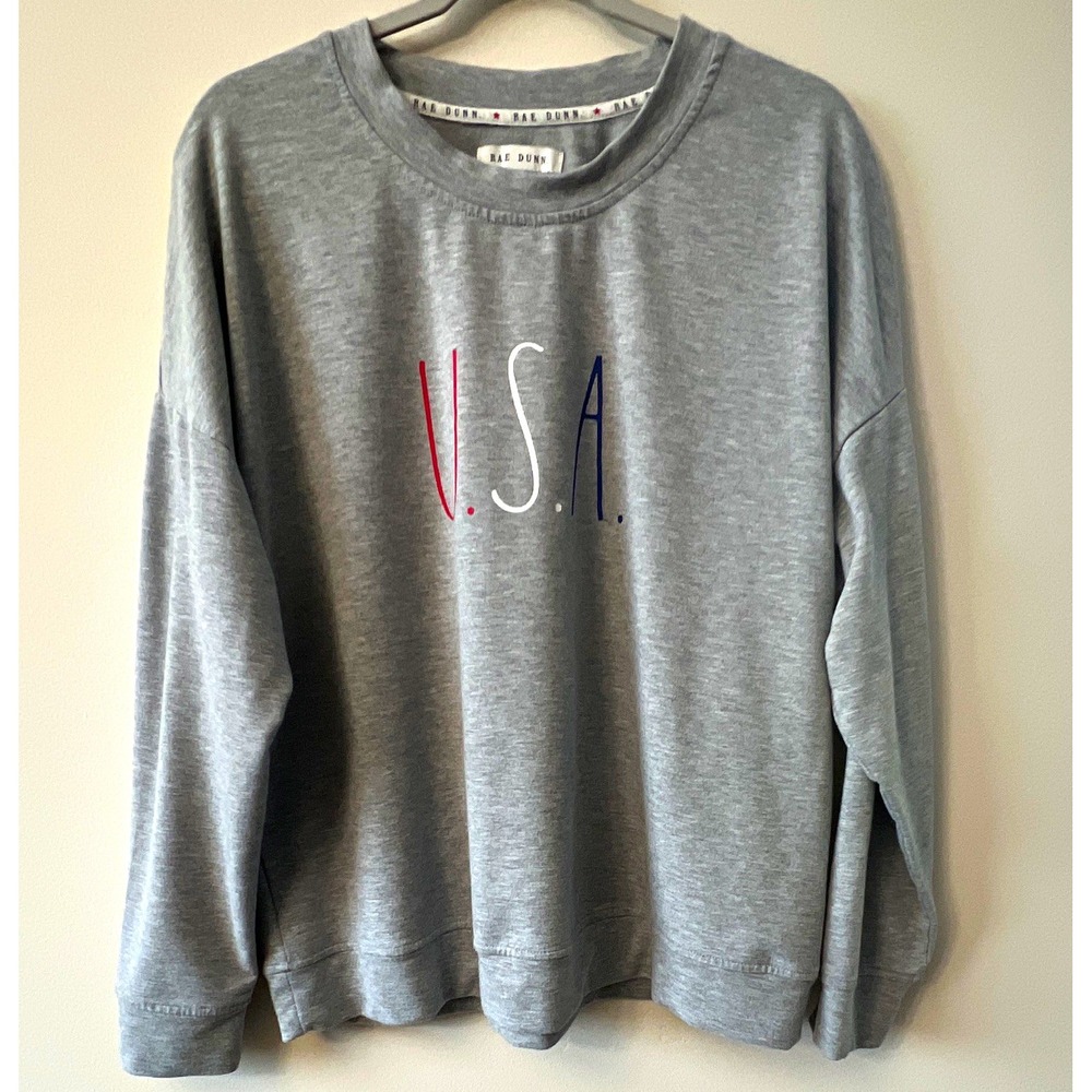 Rae Dunn Gray U.S.A. Graphic Print Crewneck Pullover Sweatshirt Women's XL